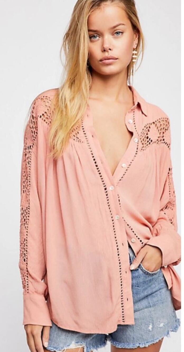 Free People KATIE BIRD Crochet Inset Long Buttoned Sleeve Shirt Top Peach S $108